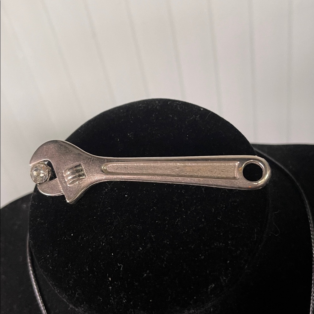 Silver Adjustable Wrench Brooch stainless steel w Large crystal 3"